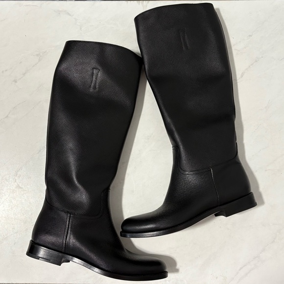 Prada Black Leather Pull On Riding Boots Size 38.5 Designer Preppy Equestrian - Picture 2 of 10